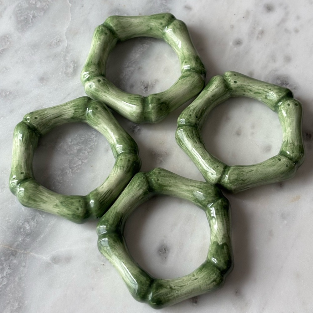 Glazed Ceramic Green Bamboo Look Napkin Rings Set of Four 3.5”